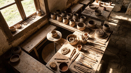 An overhead view of a pottery workshop featuring clay pots and tools, with a potter's wheel in natural light. Great for creative process illustration.