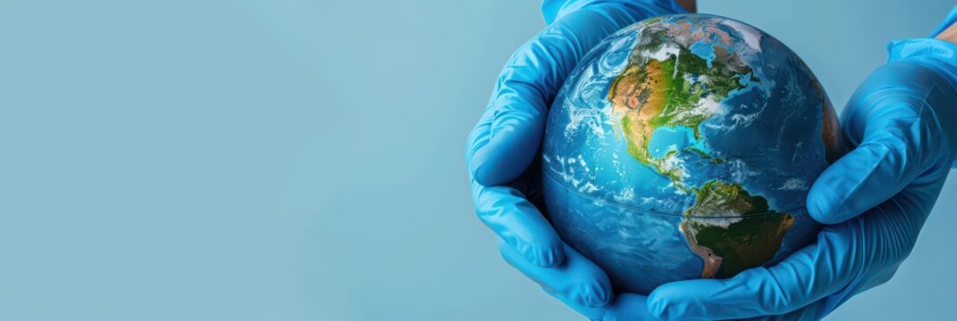 Global health awareness for international day of epidemic preparedness. Horizontal banner. Copy space. Globe in hands in medical gloves on a blue background