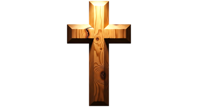 Wooden cross illuminated by spiritual light on a solemn background - Powered by Adobe