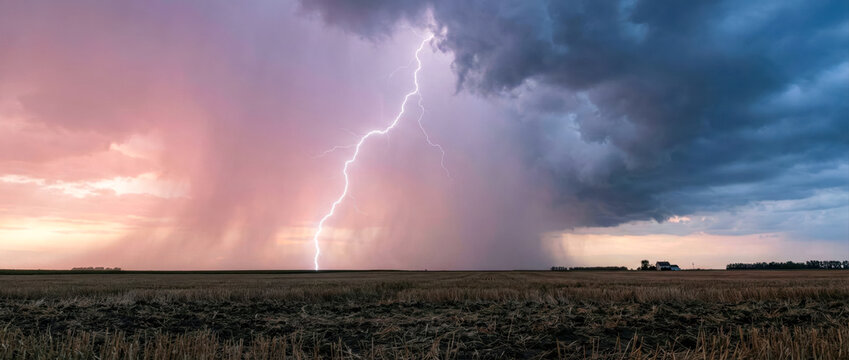 Panoramic view of a massive lightning bolt striking a rural field during a dramatic sunset storm with heavy rain shafts