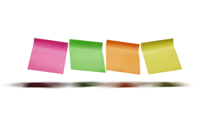 Four Colorful Sticky Notes in Pink Green Orange and Yellow Floating with Shadows on Transparent Background a Visual Aid and Reminder Tool for Creative Projects 200c