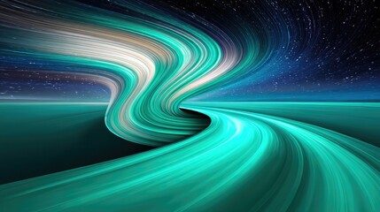 An abstract, surreal landscape with vibrant turquoise and white light trails swirling through a dark, starry night sky, creating a sense of motion and depth.