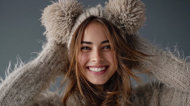 joyful young woman with whimsical pompom ears exuding festive winter warmth reminiscent of whimsical scandinavian jul celebrations 2026
