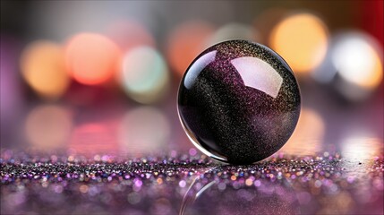 A single, dark, reflective sphere with flecks of glitter sits on a surface covered in purple and silver glitter. The background features soft, out-of-focus boke