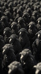 A dense crowd of black sheep, some wearing dark jackets or suits, standing in an outdoor setting. The image has a monochromatic, dramatic, and slightly surreal