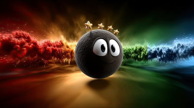 A fuzzy black cartoon character with large white eyes and a smile, wearing four small golden stars on its head, is positioned against a vibrant background of sw - Powered by Adobe