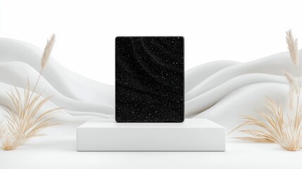 A sleek black tablet with a speckled screen sits centered on a white rectangular pedestal. Behind it, white fabric drapes in elegant waves, creating a soft back