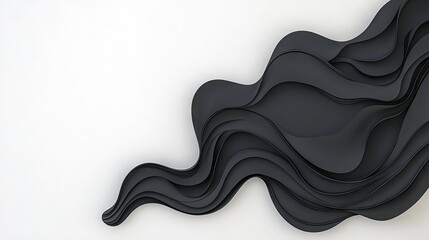 A dynamic abstract composition featuring layered, undulating waves of matte black material against a stark white background. The curves create depth and shadow,