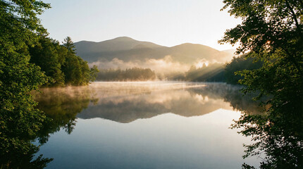 A tranquil lake mirrors surrounding mountains and trees in morning mist, ideal for nature-themed projects or relaxation backgrounds.