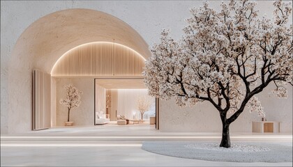 A large, flowering tree with white blossoms stands in front of a contemporary building with an arched entrance. Inside, a minimalist living space is visible wit