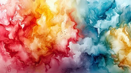 An abstract watercolor painting with vibrant swirls of red, orange, yellow, and blue colors blending together, creating a dynamic and fluid texture.