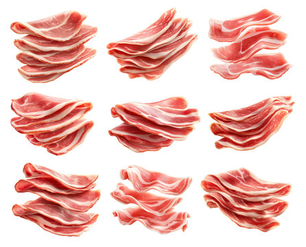 Set of Slices of raw pork bacon Speck with marbled fat isolated on white transparent background, representing cured meat preparation.