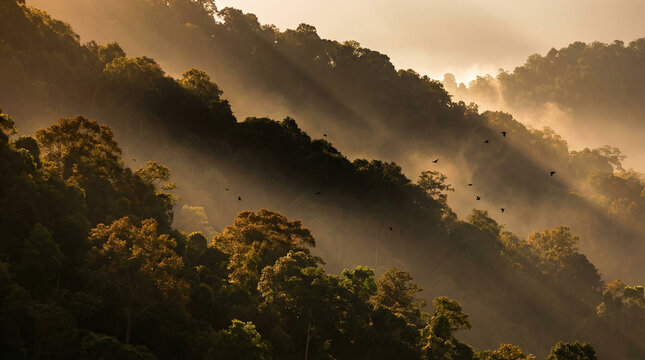 Serene forest landscape at dawn with mist rolling over hills, ideal for nature-themed projects and tranquil backgrounds.