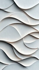 A close-up, abstract view of a textured surface with flowing, undulating waves in shades of white and light grey, creating a sense of depth and organic form.