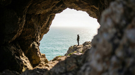 A picturesque view of the ocean through a rock arch, ideal for travel brochures or nature photography.