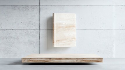 A closed book with a marbled cover appears to float in mid-air above a light-colored wooden platform, set against a textured concrete wall. The lighting is soft