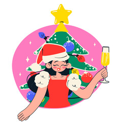 Young girl in Santa hat celebrates New Year with champagne glass. Christmas tree with garland and toys. Cheers concept. Flat vector illustration.