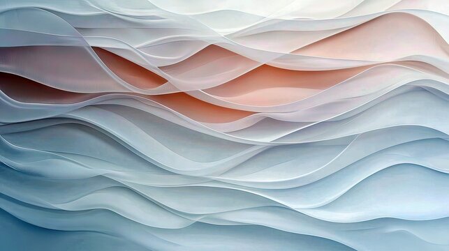 Abstract flowing layers of translucent fabric in soft blue and peach tones, illuminated by gentle light.
