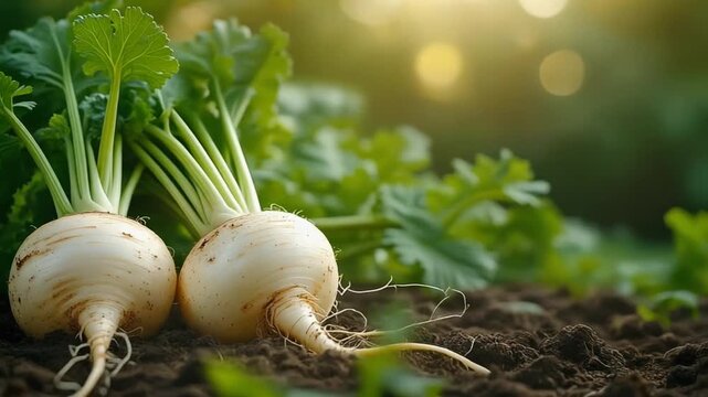Vibrant white turnips with fresh green leaves emerge from nutrient-rich soil, symbolizing healthy eating and a bountiful harvest in a sun-kissed garden