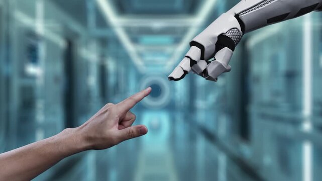 Robot and human reaching hand and pointing finger with medical cross icon floating. Close up of robotic hands and human working together while pointing finger at laboratory background. Salubrious.