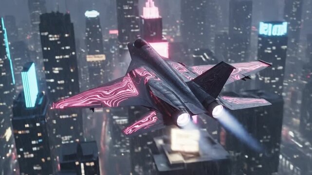 Futuristic fighter jet with glowing pink patterns flying through a rainy cyberpunk city at night with neon-lit skyscrapers. Sci-fi 3D animation.