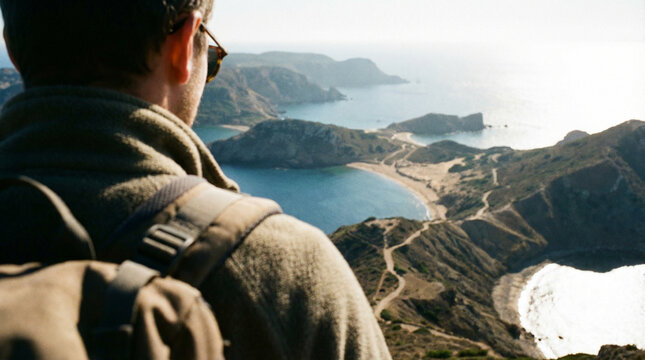 A hiker gazes at a breathtaking coastal view, ideal for travel promotions or nature-themed projects.