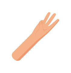 Flat human hand gesture with three fingers. Bare hand showing number three with raised palm. Isolated icon of number counting symbol, math learning concept, preschool or educational element.