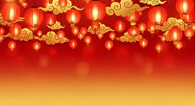 Chinese New Year early preparations, red lanterns & gold clouds, red-gold gradient - Powered by Adobe
