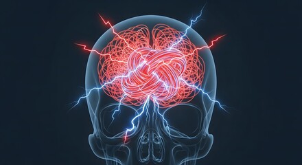 Stress and nervous system health, Human Skull Brain with Lightning Illustration Headache, Mental H