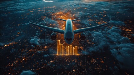 Airplane over glowing city, with digital bar graph overlay
