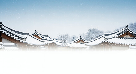 Korean Hanok Village winter banner, snow rooftops, blue-white gradient.