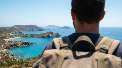 An adventurer stands admiring a stunning coastal landscape with rocky islands and blue waters, perfect for travel and exploration themes.