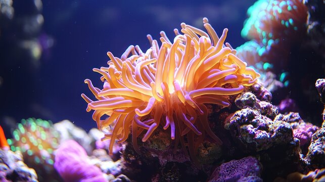 Anemone-like coral with orange and purple tentacles in an aquarium