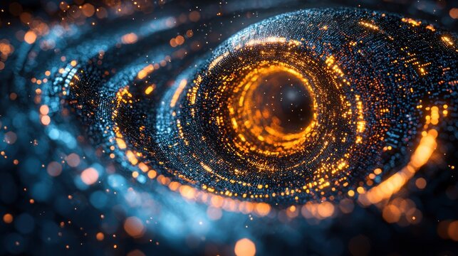 Abstract swirling vortex of blue & orange light dots with central glowing ring