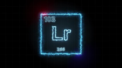Lawrencium - periodic table element symbol hologram, chemical element Periodic Table, atomic weight element number ,glowing on black background in 4K.