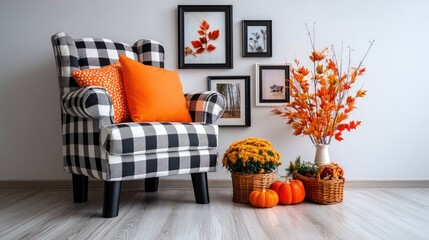 A black and white buffalo check armchair adorned with orange and patterned pillows, placed next to a collection of autumnal decor including pumpkins, chrysanthe