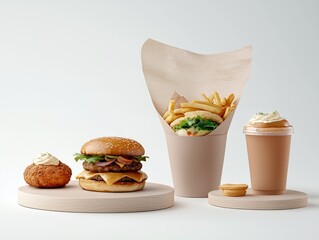 A delicious meal featuring a double-patty cheeseburger, a portion of french fries in a paper cone, a creamy beverage in a plastic cup, and a small pastry, all a