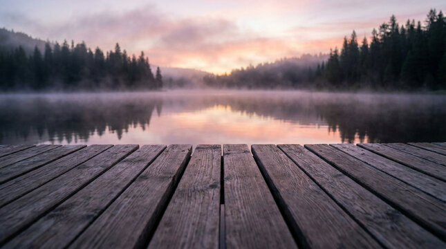 A serene scene of a wooden dock over a calm lake at dawn, surrounded by mist and evergreen trees, great for tranquil imagery or exploration themes. - Powered by Adobe