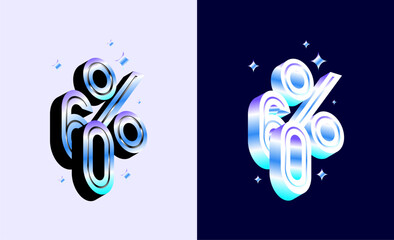3D Holographic precentage number 60, 60 percent discount hologram design with rainbow gradient. Promotional sale marketing design tamplate.