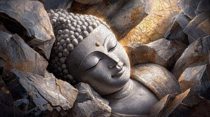 A serene Buddha statue, carved from stone, rests peacefully amidst rough, textured rocks. The scene is illuminated by a warm, golden light filtering from above,