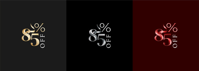 Precentage discount luxury number 85, 85 percent discount design with elegant color gold, silver and red. Promotional sale marketing design tamplate.