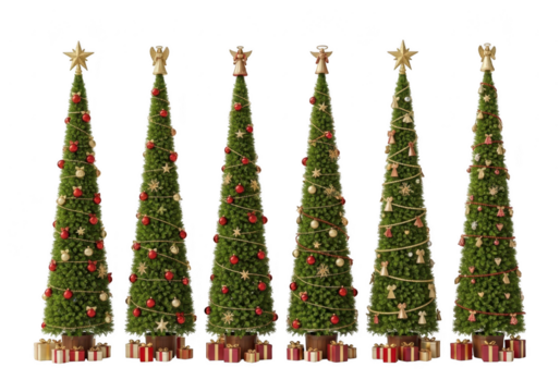 Six tall conical artificial christmas trees with ornaments isolated on transparent background