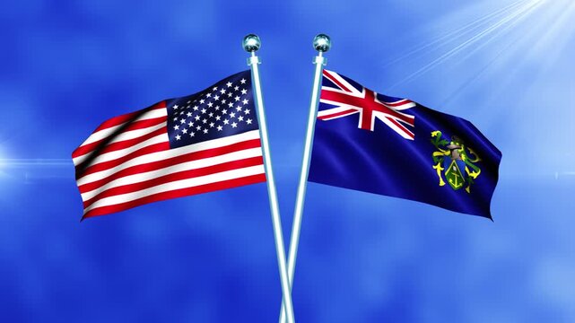 USA and Pitcairn Islands Flag Waving On Pole Loop