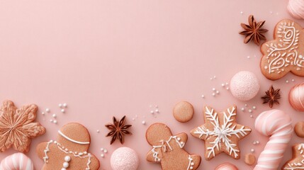 pastel pink christmas background with gingerbread and copy space 2026