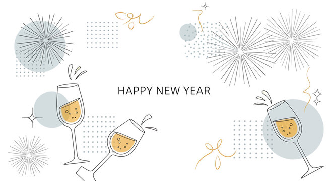 Elegant Happy New Year illustration with toasting champagne glasses, fireworks, and festive decorations on a white background.