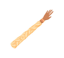 Flat cartoon diverse hand symbol with raised fingers and ethnic arm design. Human gesture with cultural diversity. Creative concept for colorful symbolic art in vibrant style.