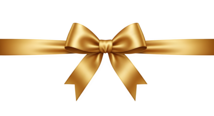 Realistic illustration of a shiny golden satin ribbon tied in a perfect bow, centered horizontally, isolated on transparent background for easy use in design projects related to celebration and luxury