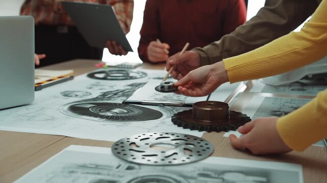 A dynamic workshop scene capturing a diverse group of professionals engaging in creative brainstorming and sketching for engineering designs, surrounded by tools and plans. SACTR