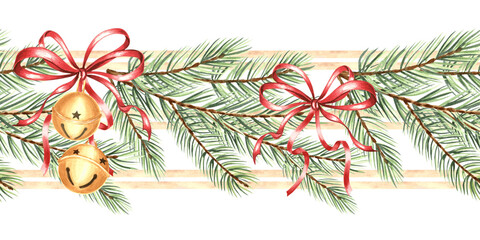 Christmas round jingle bells with bow and spruce branches, watercolor seamless border for festive desing. Hand drawn isolated illustration of metalic balls and pine for winter holiday card, textile.
