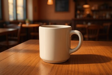 Obraz premium A cream-colored mug sits on a wooden table, cafe blurred in background